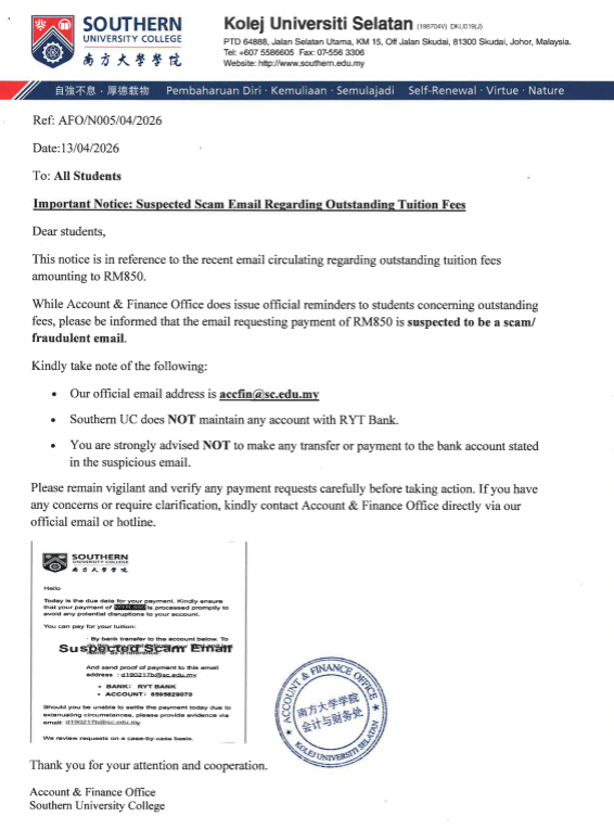 Suspected Scam Email Regarding Outstanding Tuition Fees